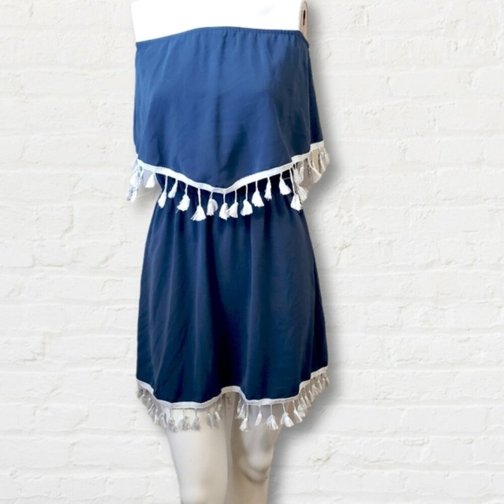 BB Dakota blue strapless crepe mini dress w fringe medium large